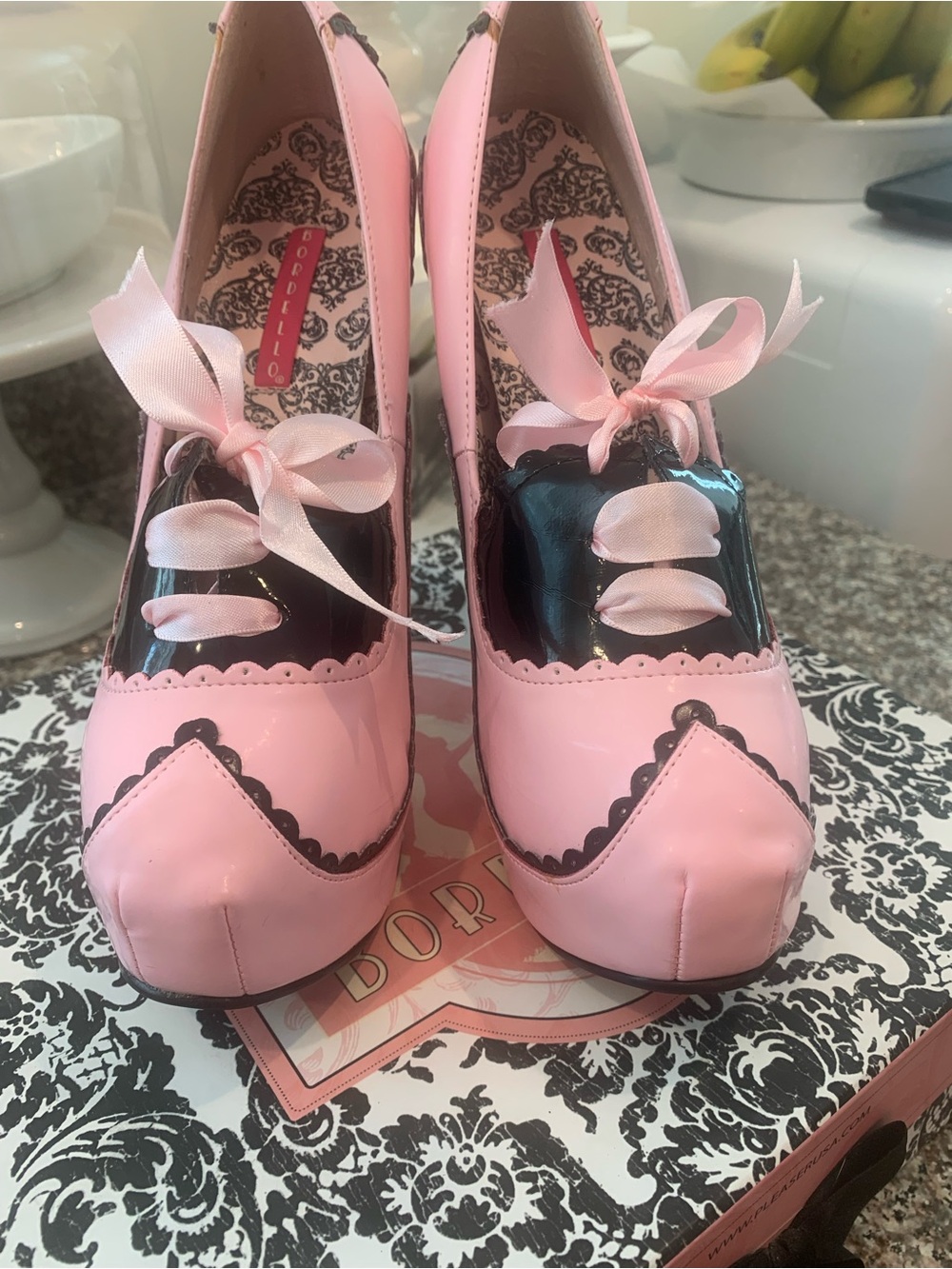 Bordello Pink Patent Platform Pumps with Black Trim and Ribbon - Picture 3 of 10